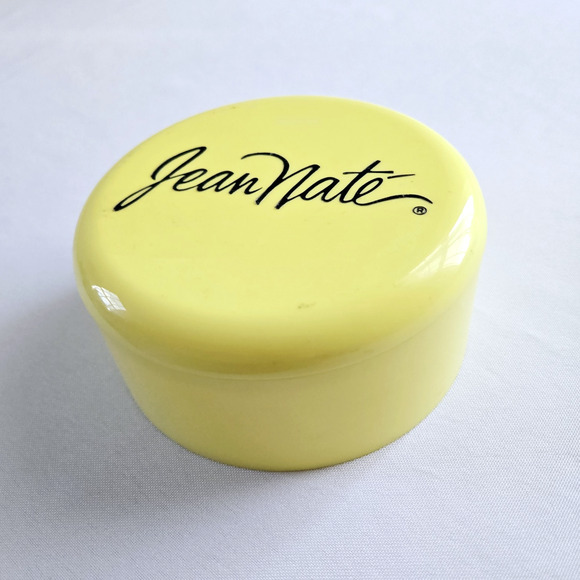 Vintage Jean Nate Bath Powder Box Yellow Plastic Canister Retro Vanity Empty 6oz - Picture 3 of 12